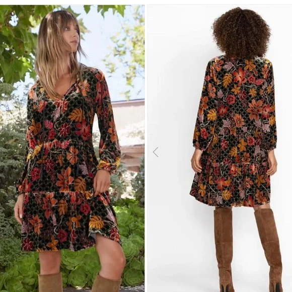 Johnny Was Silk Blend Jasmoon Flore Velvet Field Tiered Dress Tassels - Picture 4 of 11